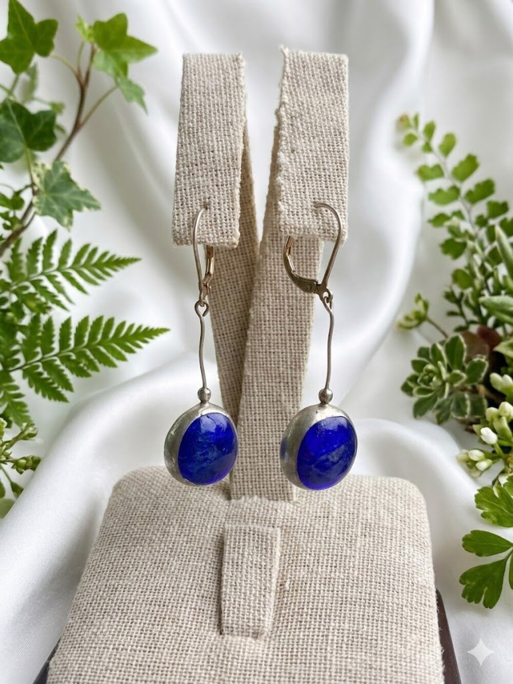 Vintage Artisan Sterling Silver & Deep Cobalt Blue Glass Drop Earrings
